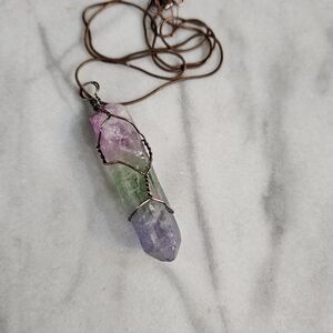 Rainbow Fluorite Crystal Pendant Necklace On Copper Snake Chain 24"